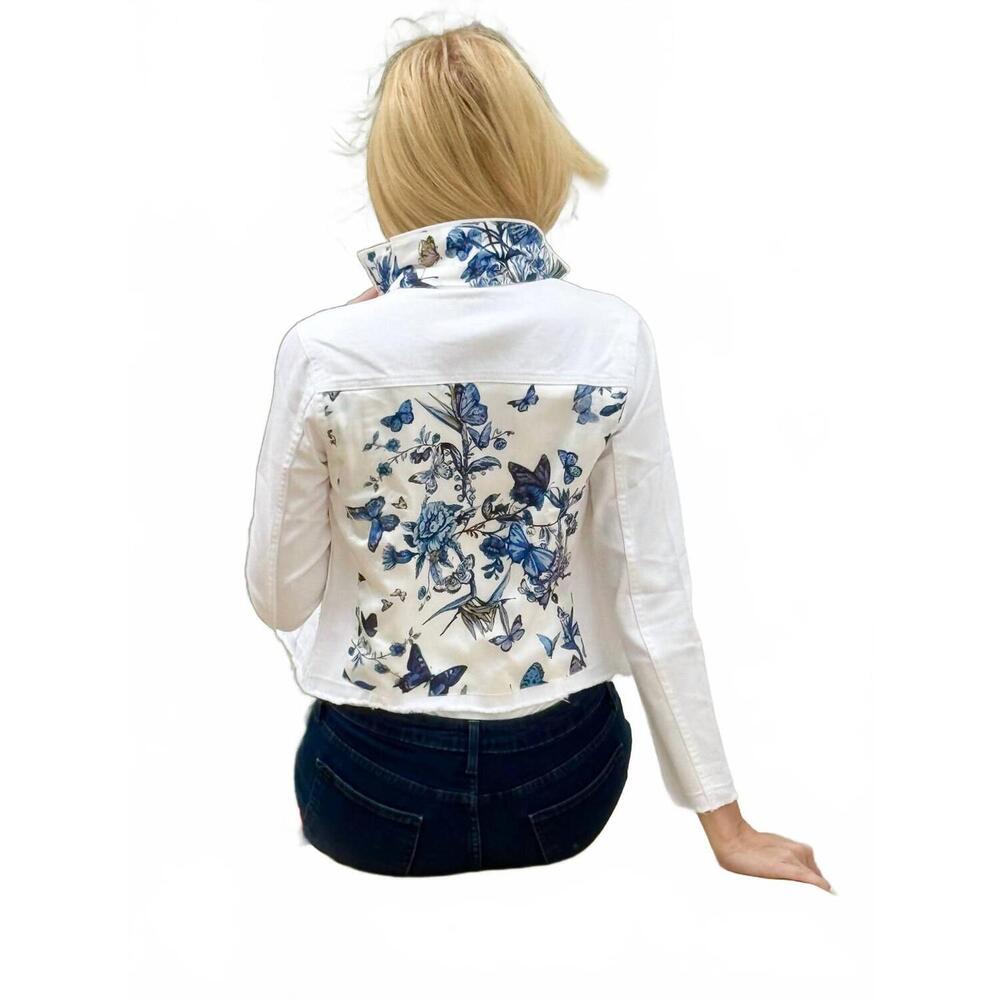 NEW STACY BRADLEY adore butterflies denim jacket in white